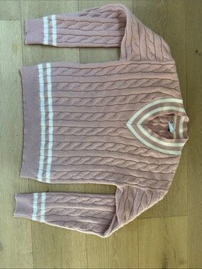 Cielo Cable Knit Crewneck Sweater in Dusty Rose with White Stripes